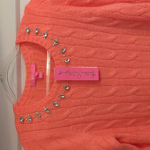 Lilly Pulitzer Dario Rhinestone Embellished Coral Scoop Neck Cable Knit Sweater - Picture 4 of 13